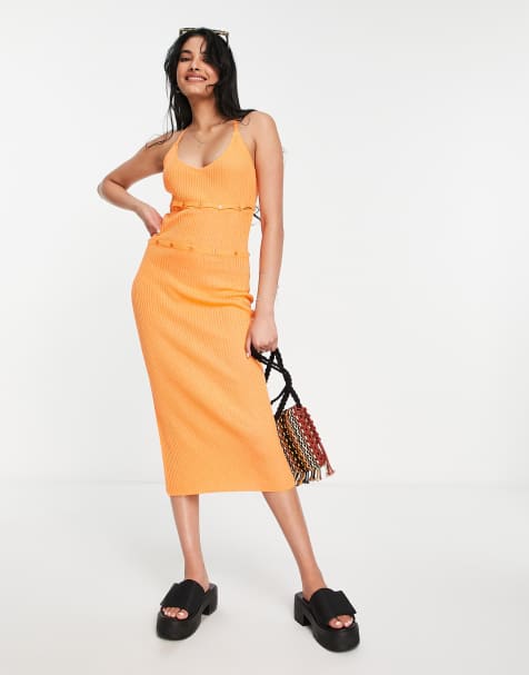 NA-KD X Elin Warnqvist knitted midi dress with button detail in orange - view 1