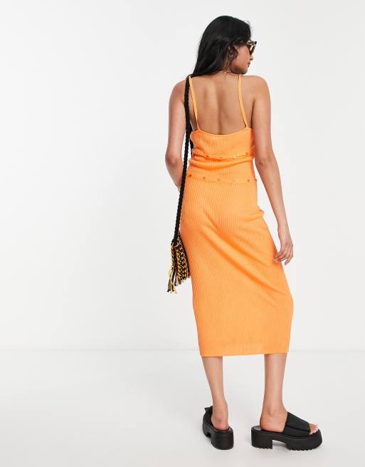 NA KD X Elin Warnqvist knitted midi dress with button detail in orange