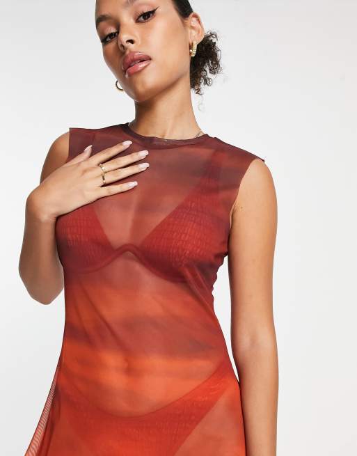 NA-KD X Elin Warnqvist mesh maxi dress in orange ombre print, 3 of 4