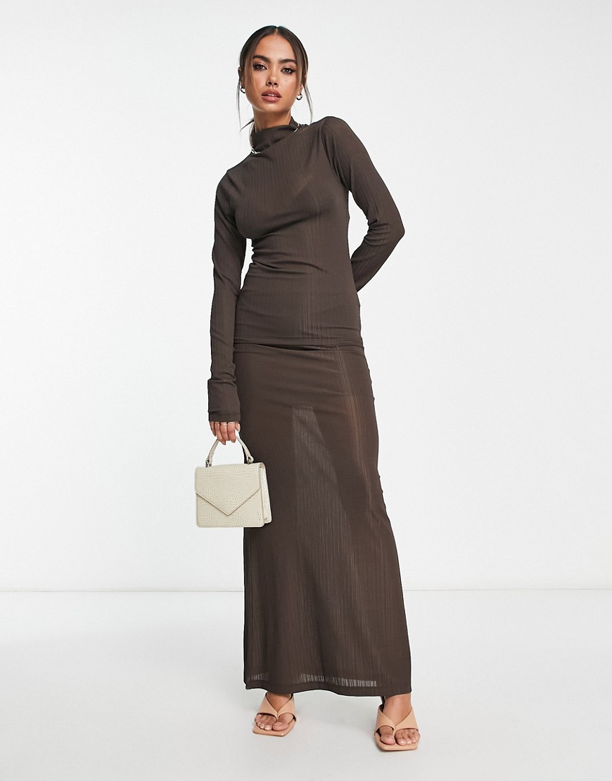 NA-KD X Georgina Lennon sheer knitted maxi skirt in brown - part of a set