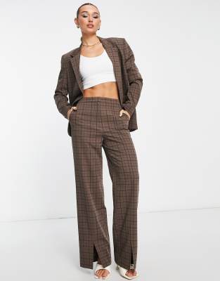 NA-KD x Georgina Lennon split hem tailored pants in brown check - part of a set