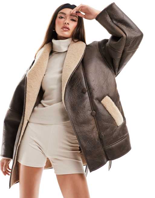 NA KD x Hanna Schonberg belted shearling jacket in brown