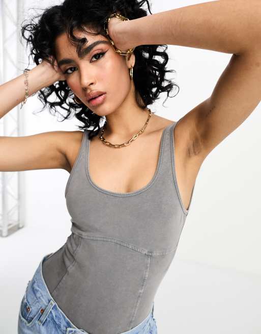 NA-KD x Hanna Schonberg washed denim look seam detail bodysuit in dark grey 