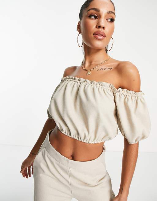 NA-KD x Jazmin Azizam co-ord off shoulder sleeve crop top in beige