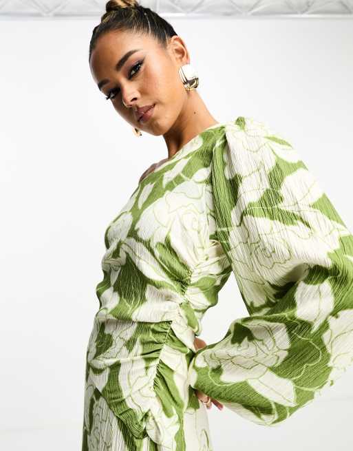 NA-KD x Jessica Haller one shoulder maxi dress in green print, 3 of 4