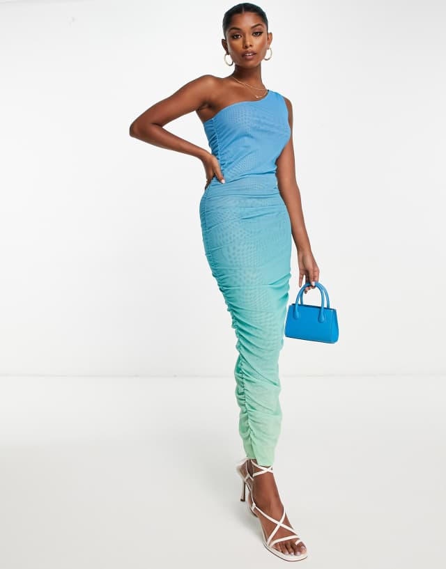 NA-KD x Josefine HJ one-shoulder mesh maxi dress in green ombre