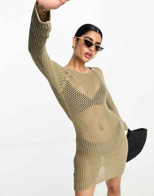 NA-KD x Josefine HJ open back crochet mini dress in dark beige