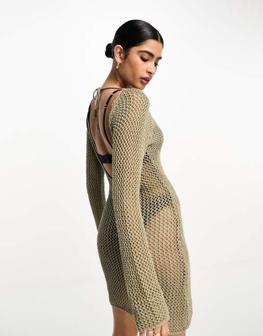 NA-KD x Josefine HJ open back crochet mini dress in dark beige | ASOS