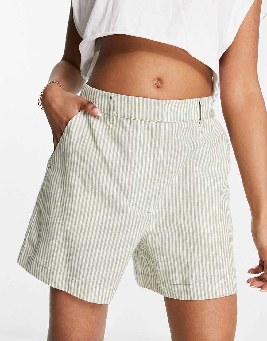 NA-KD x Julie Ferreri high rise linen shorts in green stripe