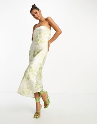 NA-KD x Julie Ferreri satin bandeau maxi dress in green floral