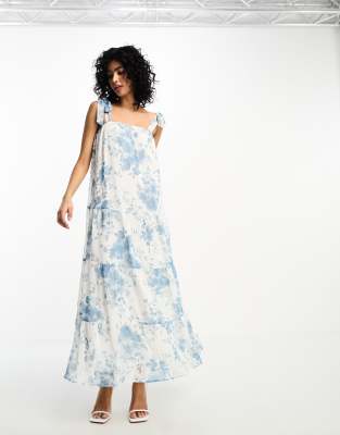 NA-KD x Julie Ferreri tie strap tiered midi dress in-Blue