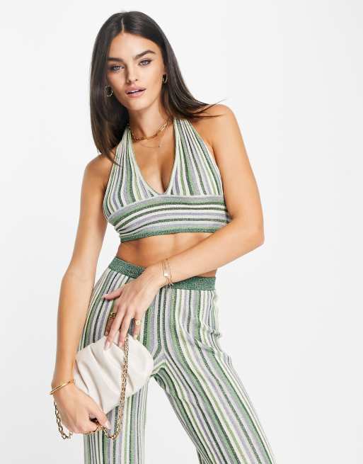 NA-KD x Klara Montes - Top allacciato al collo a righe multicolore glitterate in coordinato