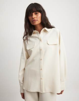 NA-KD NA-KD x Laura Jane Stone linen blend oversized shirt in beige-Neutral