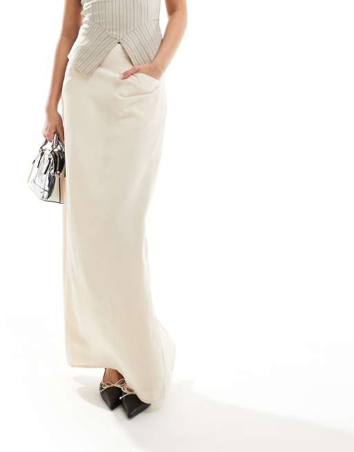 NA KD x Laura Jane Stone maxi skirt with front pockets and back split detail in beige