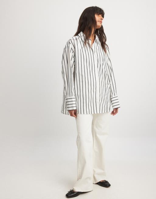 NA-KD x Laura Jane Stone oversized shirt with high cuffs in black & white stripe, 4 of 4