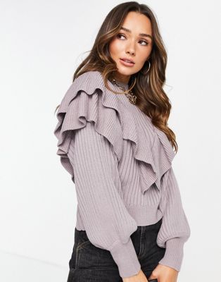 NA-KD X Lisa Marie Schiffner frill detail knitted jumper in lilac