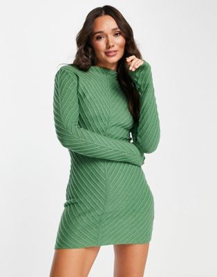 NA-KD X Lisa Marie Schiffner ribbed detail knitted mini dress in green