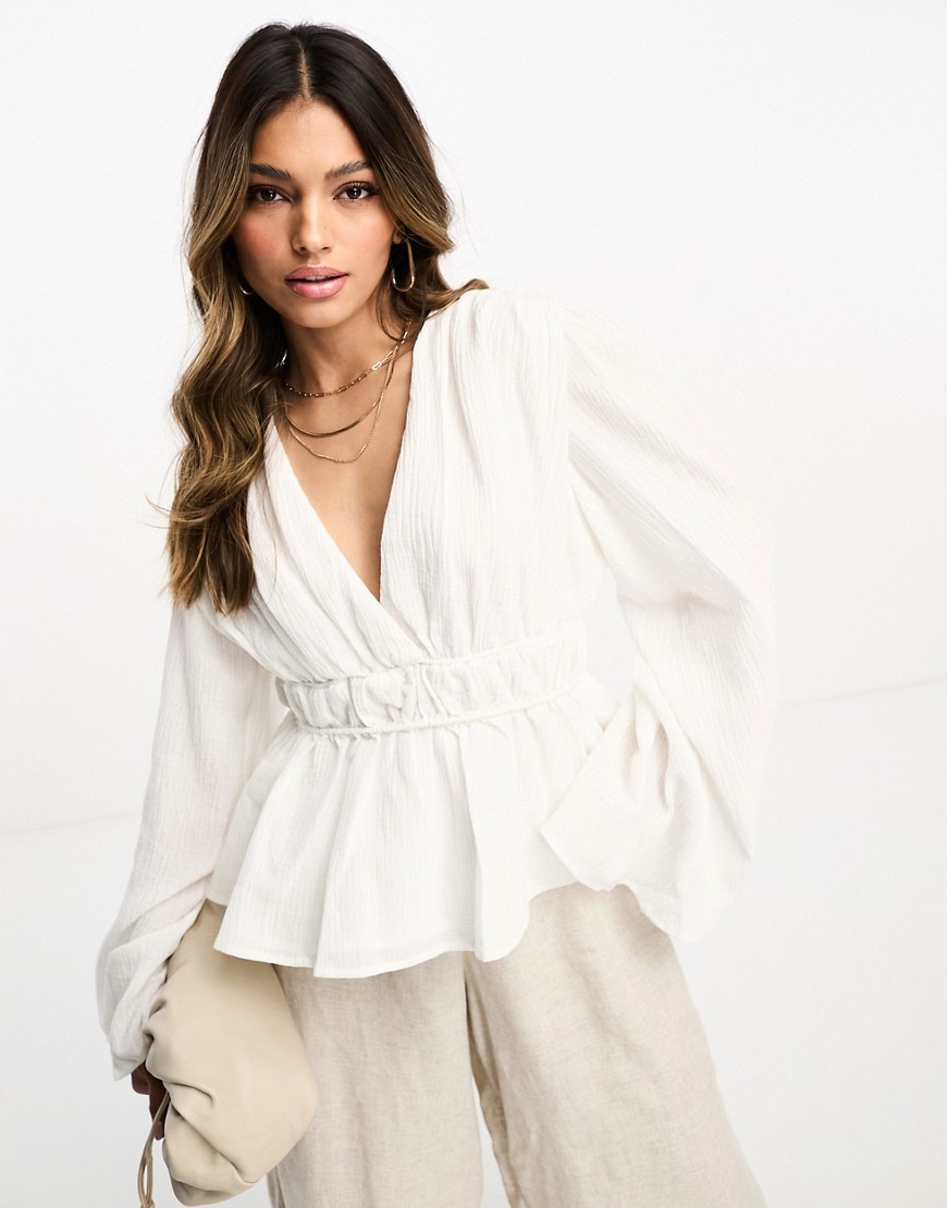 NA-KD x Lydia Tomlinson wide sleeve volume blouse in off white-Neutral
