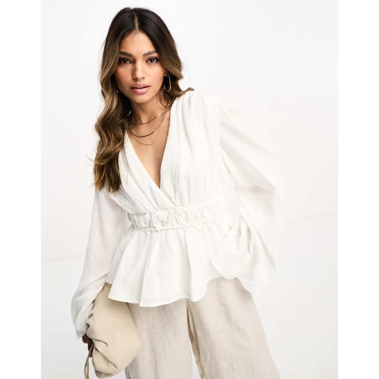 NA-KD x Lydia Tomlinson wide sleeve volume blouse in off white | ASOS
