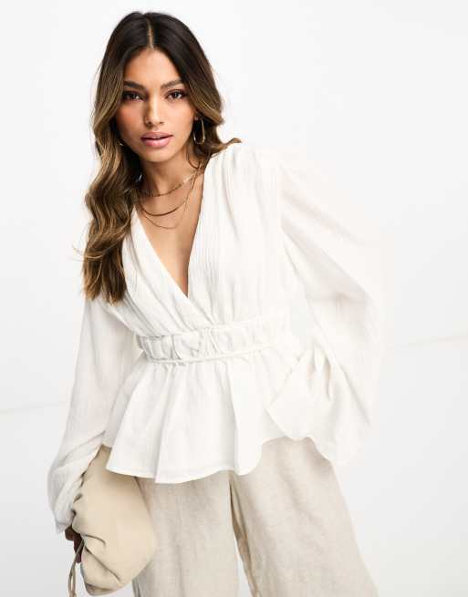 NA-KD x Lydia Tomlinson wide sleeve volume blouse in off white