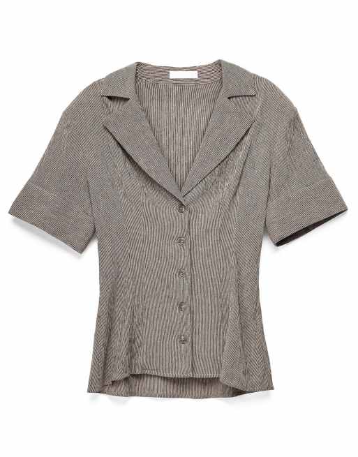 NA-KD x Marie Jedig  Linen blend structured short sleeve shirt in light grey stripe - MULTI, 5 of 5