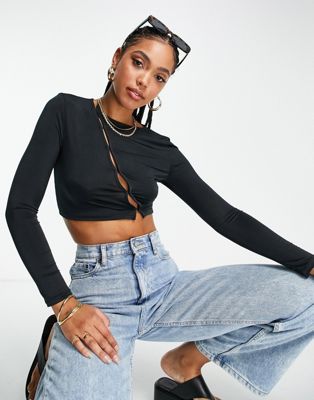 ASOS DESIGN asymmetric crop top with long sleeve and keyhole in