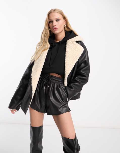 NA-KD x Mimi A.R faux leather aviator jacket with faux fur in black - view 1