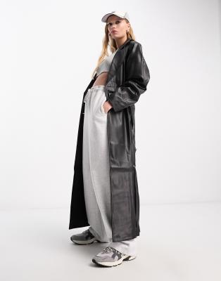 NA-KD NA-KD x Mimi AR faux leather trench coat with shoulder pads in black