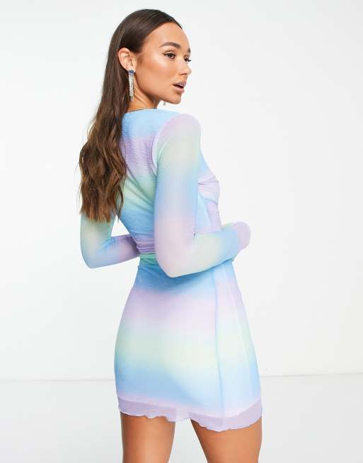 NA-KD X Miss Lisibell long sleeve mesh mini dress in ombre print