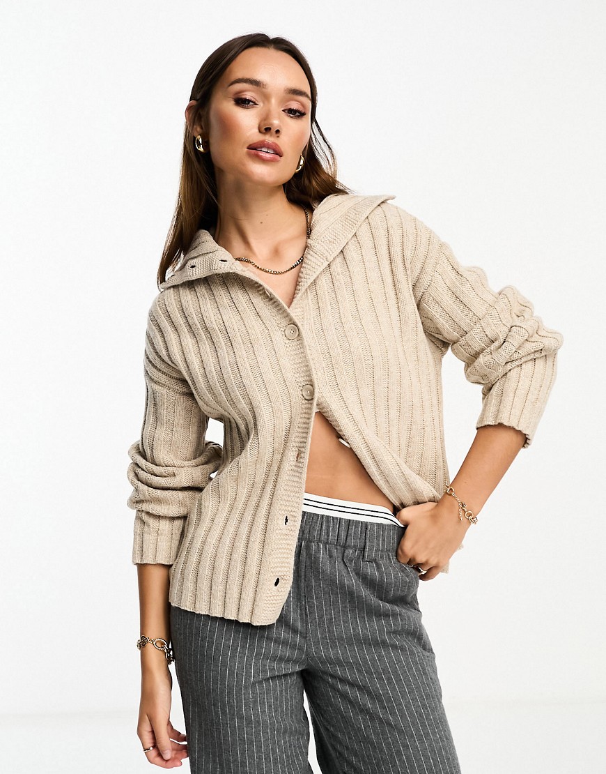 NA-KD x Moa Mattson button detail ribbed cardigan in beige-Grey
