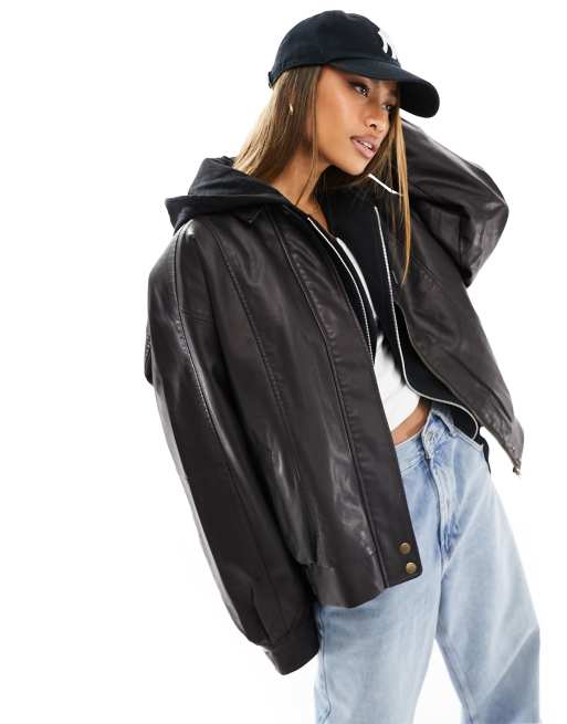 NA-KD x Moa Mattson - Oversized brun bomber-jakke i imiteret læder