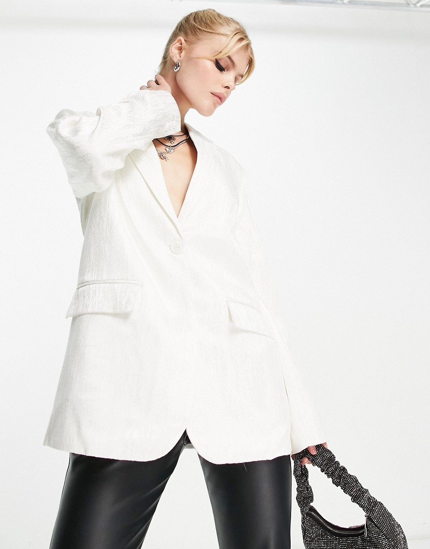 NA-KD x Moa Mattson oversized tailored blazer in textured shine co-ord-White