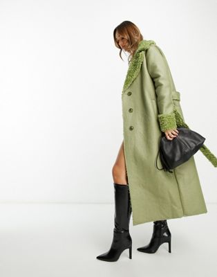 NA-KD x Moa Mattsson belted trench coat with faux fur in sage - ASOS Price Checker