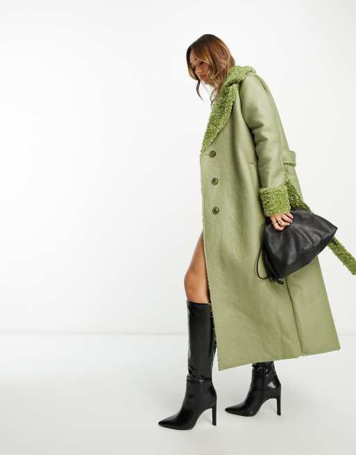 NA-KD x Moa Mattsson belted trench coat with faux fur in sage