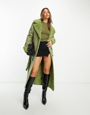 NA-KD x Moa Mattsson belted trench coat with faux fur in sage