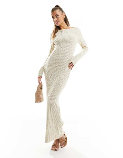 NA-KD x Moa Mattsson boat neck soft knit maxi dress in beige