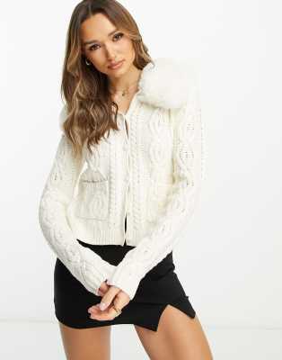 The Frolic - Cardigan color crema con finiture in pelliccia sintetica