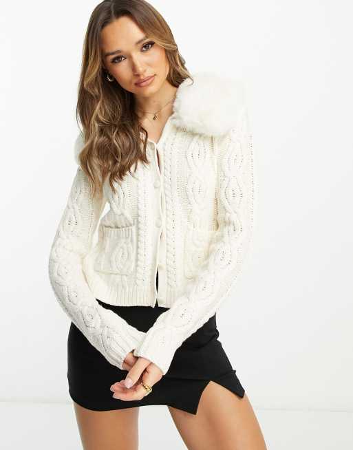 NA KD x Moa Mattsson knit cardigan with faux fur in cream ASOS