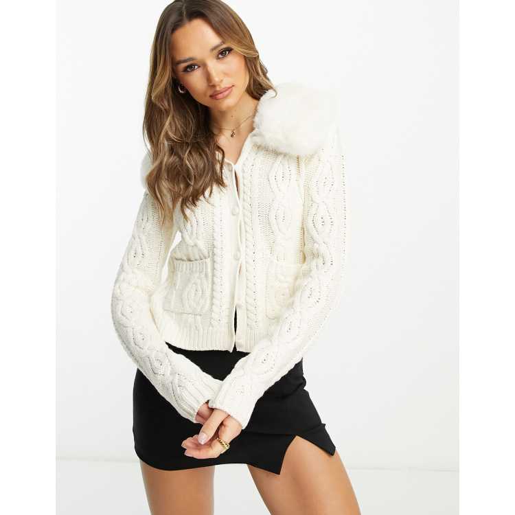 NA KD x Moa Mattsson knitted cardigan with faux fur in cream ASOS