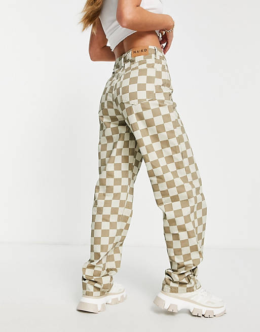 NA-KD X Olivia LVS checkerboard straight leg jeans in beige | ASOS | Plaids