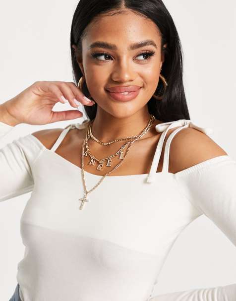 NA-KD X Pamela knitted top with tie shoulder in off white - view 1