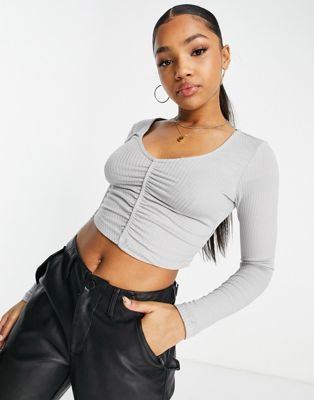 NA-KD X Pamela long sleeve top with ruched front in grey rib