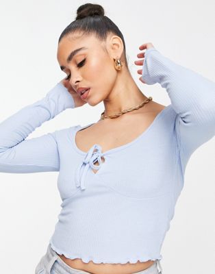 NA-KD X Pamela ribbed top with tie front in dusty blue  - ASOS Price Checker