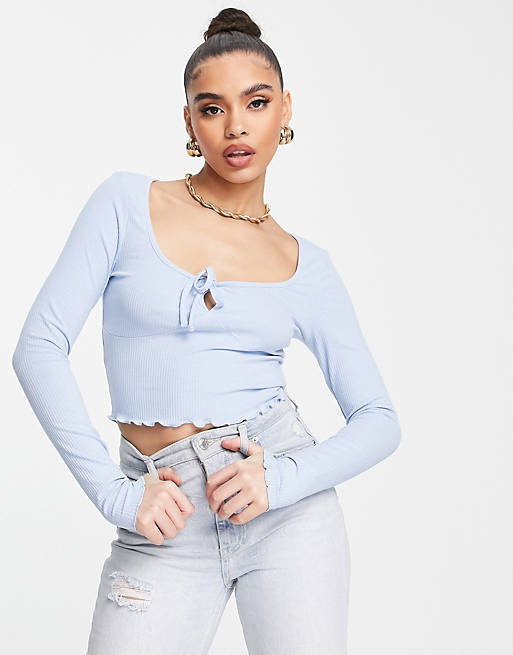 Women NA-KD X Pamela ribbed top with tie front in dusty blue 