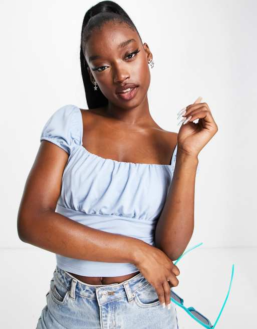 NA-KD X Pamela ruched front top in light blue - LBLUE