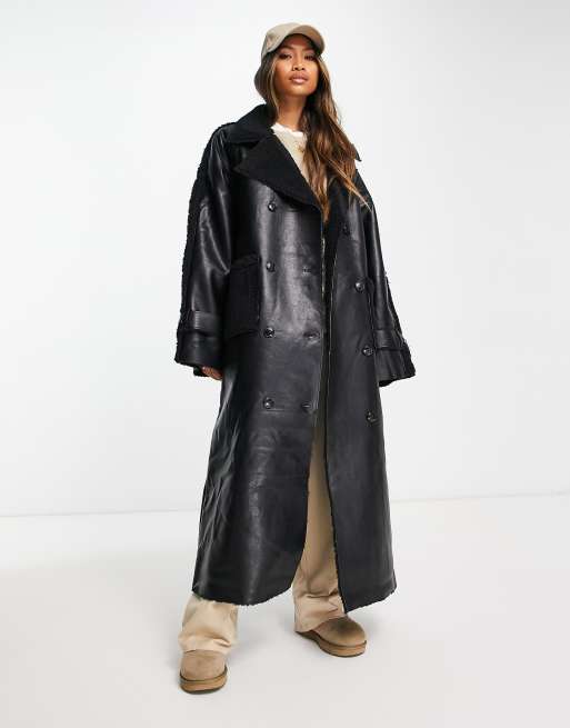 NA-KD x Rianne Meijer belted coat with faux shearling in black
