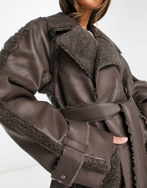 NA-KD x Rianne Meijer belted coat with faux shearling in brown, 2 of 4