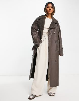 NA-KD x Rianne Meijer belted coat with faux sherling in brown