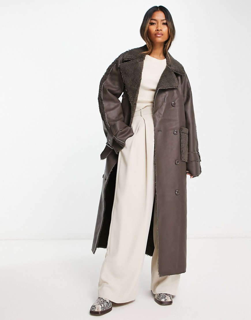 NA-KD x Rianne Meijer belted coat with faux sherling in brown