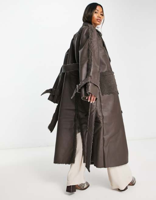 NA KD x Rianne Meijer belted coat with faux sherling in brown ASOS